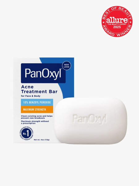 PanOxyl Acne Treatment Bar next to branded box packaging on light gray background with red Allure Best of Beauty seal in the top right corner