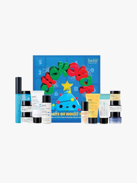 Belif 12 Days of Chok Chok Holly Days Gift Set in multiple branded components on a light gray background